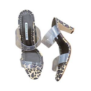 Manolo Blahnik High Heel Sandals Women's Size 9.5B Black Leopard Print Slip On